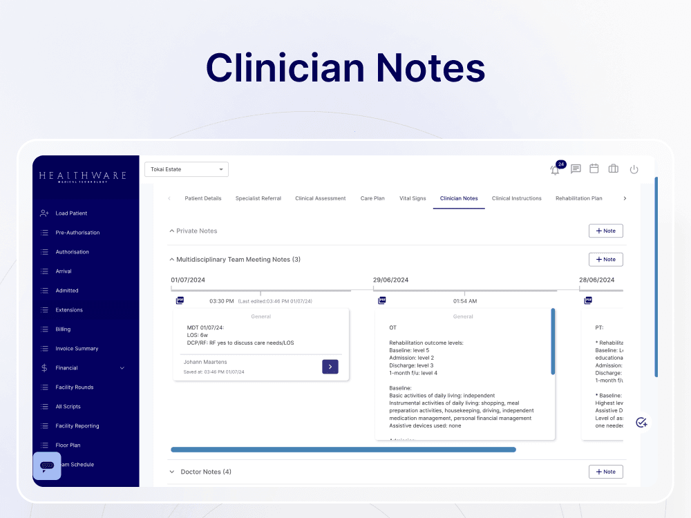 HealthWare patient and charting workflow screen